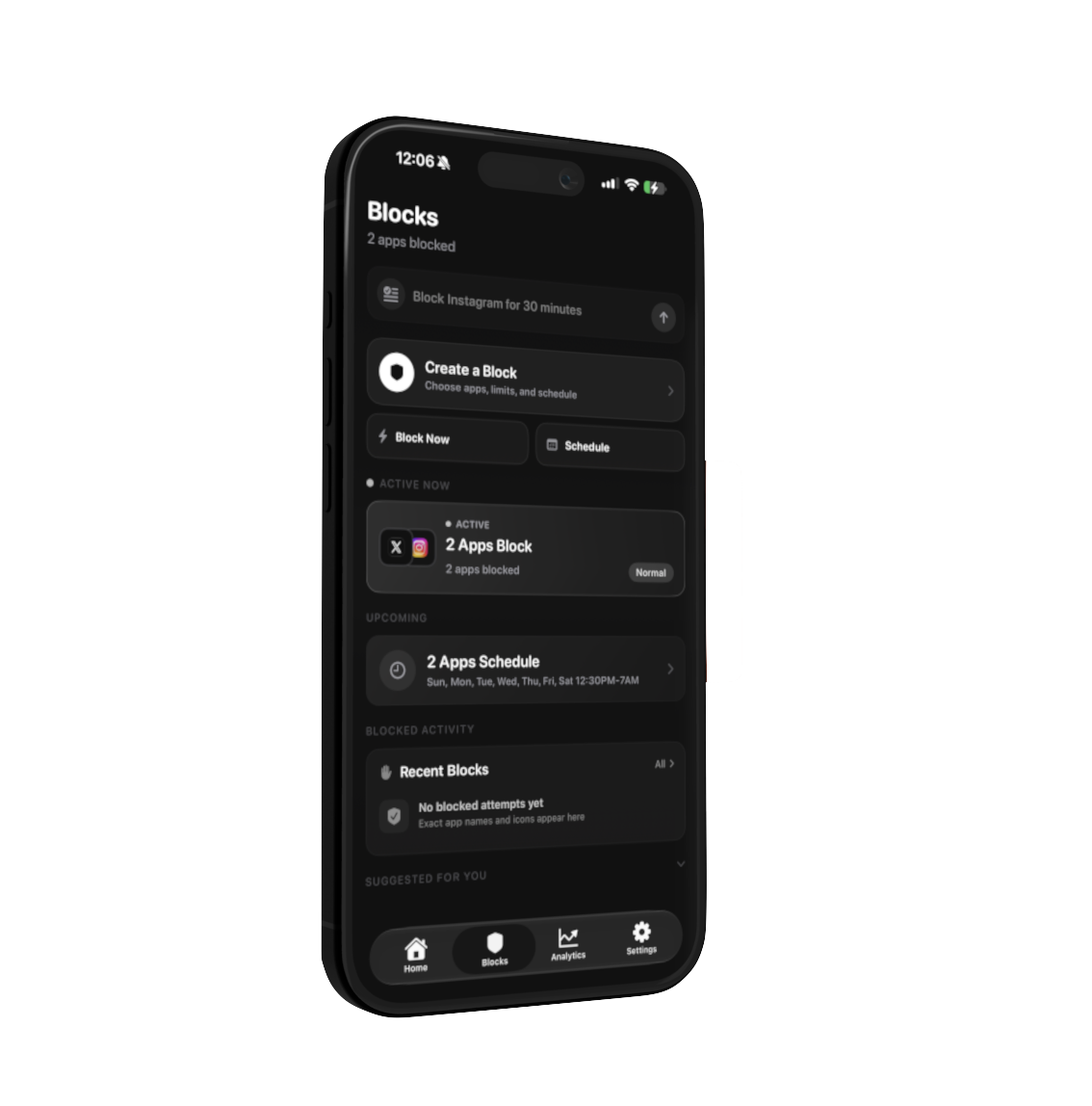 MonkMode Blocks screen showing an active block and schedule