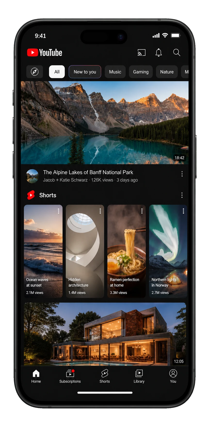 YouTube home screen containing Shorts