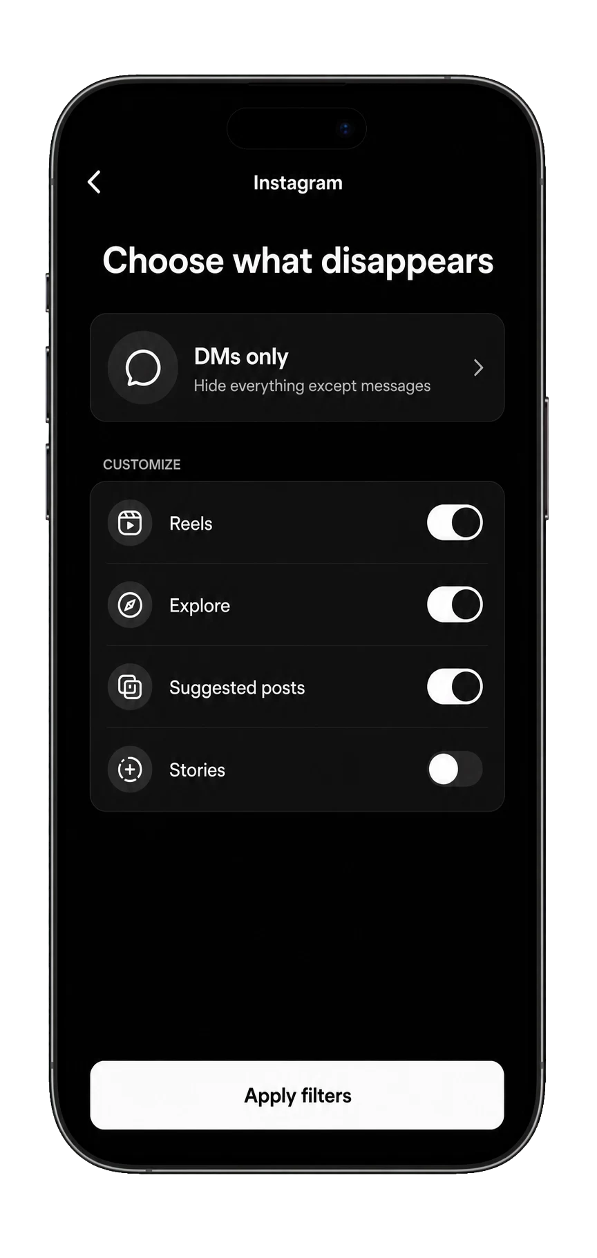 Instagram controls for hiding Reels, Explore, suggested posts, and Stories