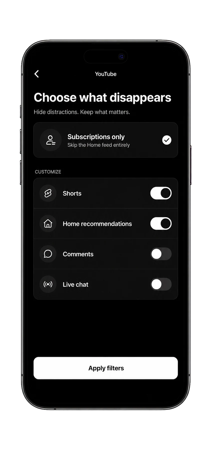 YouTube controls for hiding Shorts, recommendations, comments, and live chat