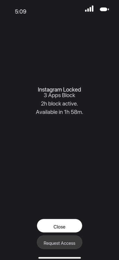Instagram locked by an active Monk Mode block with close and request access options